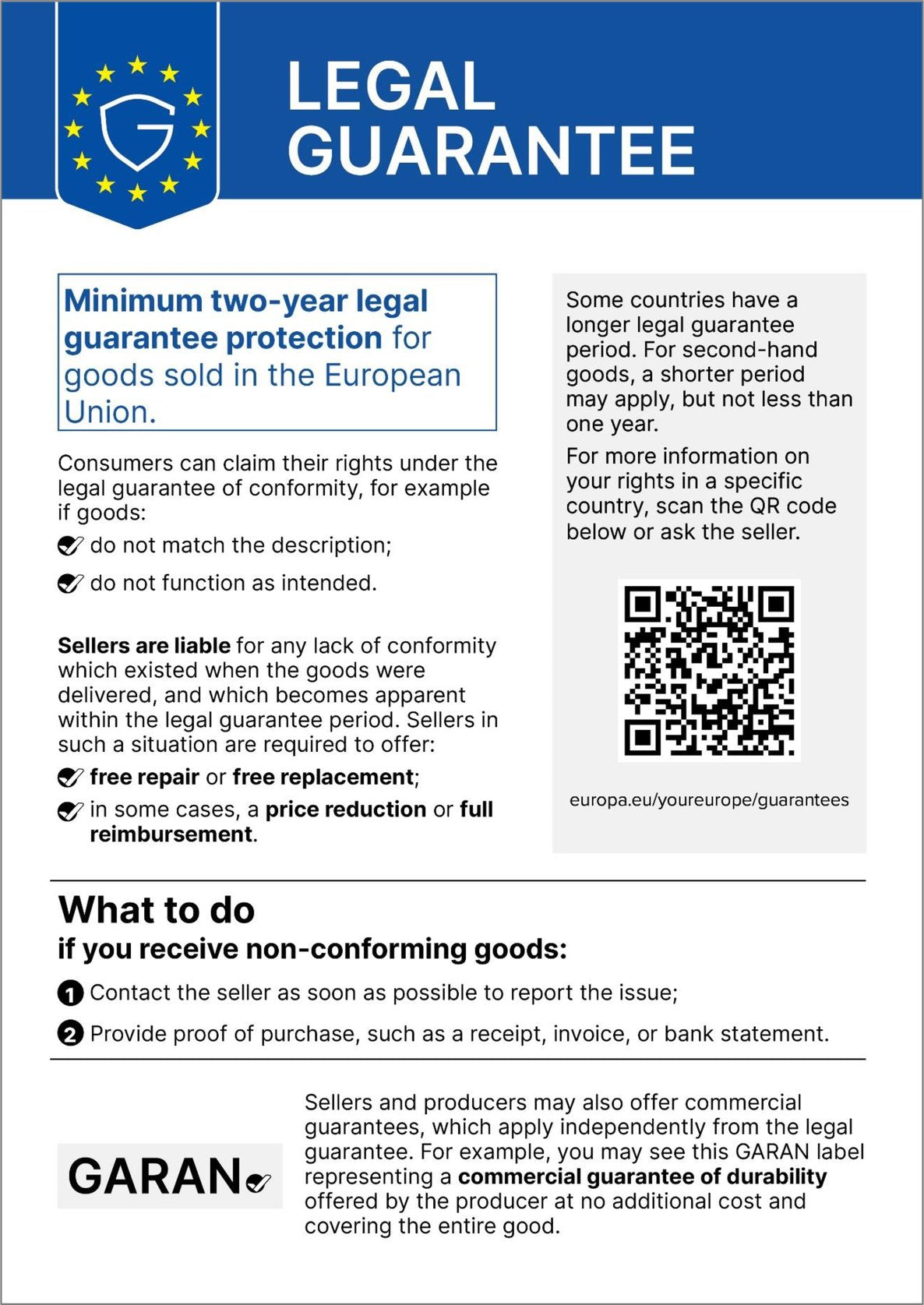 EU legal guarantee notice: goods sold in the EU come with a legal guarantee of at least two years. If the goods are faulty, you are entitled to repair, replacement, price reduction or a refund, free of charge. Scan the QR code or follow the link for more information from the European Commission.
