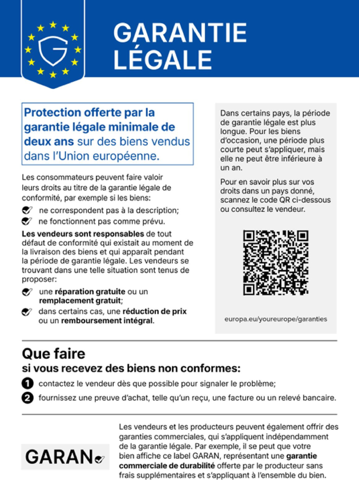 Garantie légale de l’UE : pour ce produit s’applique une garantie légale d’au moins deux ans. En cas de défaut, vous avez droit à une réparation, un remplacement, une réduction de prix ou un remboursement gratuits. Plus d’informations via le code QR ou le lien ci-dessous de la Commission européenne.